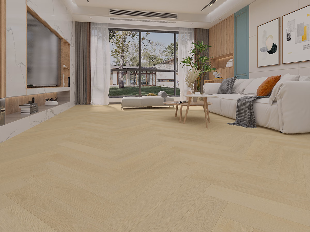 Warm Oak Visgraat Click in een woonkamer gelegd