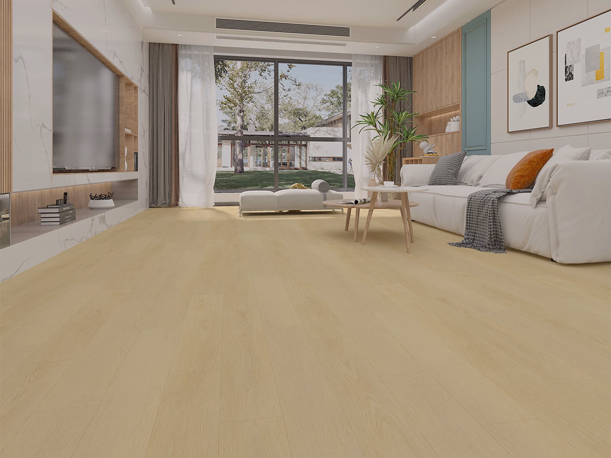 Warm Oak Plank Click in een woonkamer gelegd