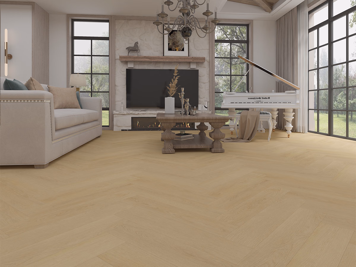 Sunny Oak Visgraat Click in een woonkamer gelegd