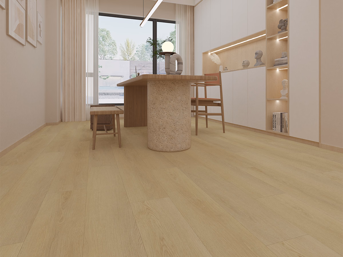 Sunny Oak Plank Click in een woonkamer gelegd