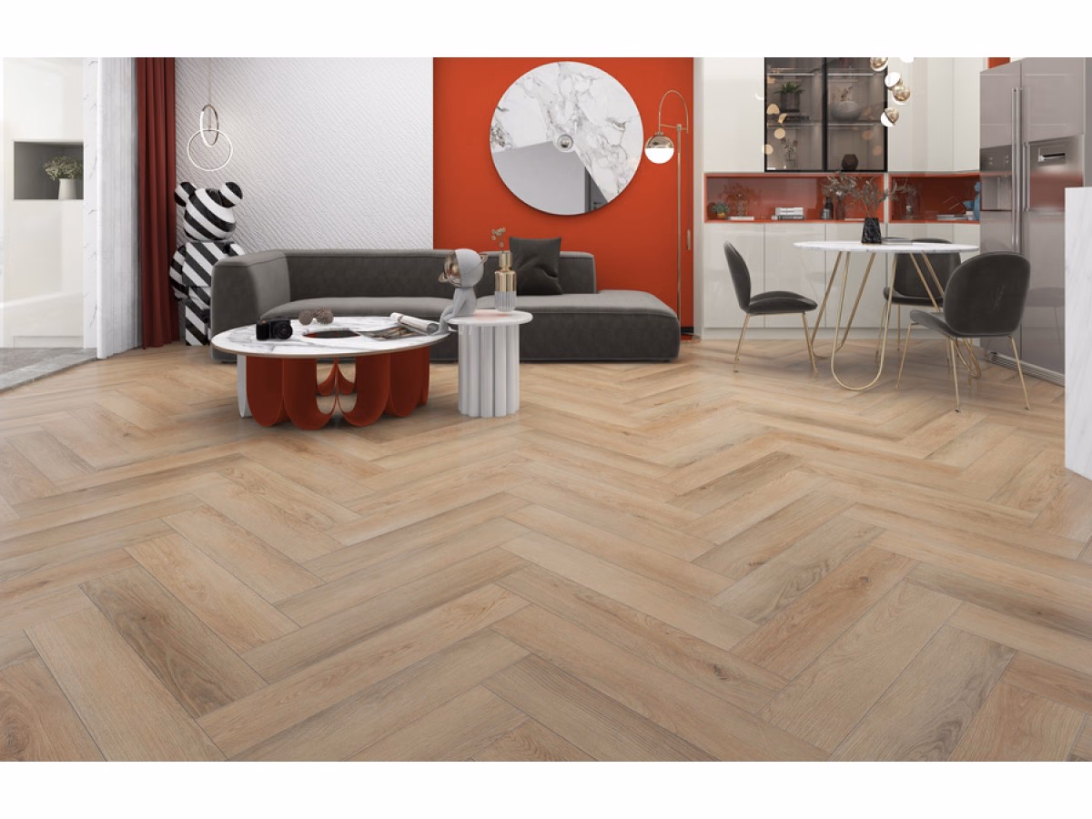 Woonkamer met een visgraat PVC vloer uit de Diamonds-collectie van Calitex