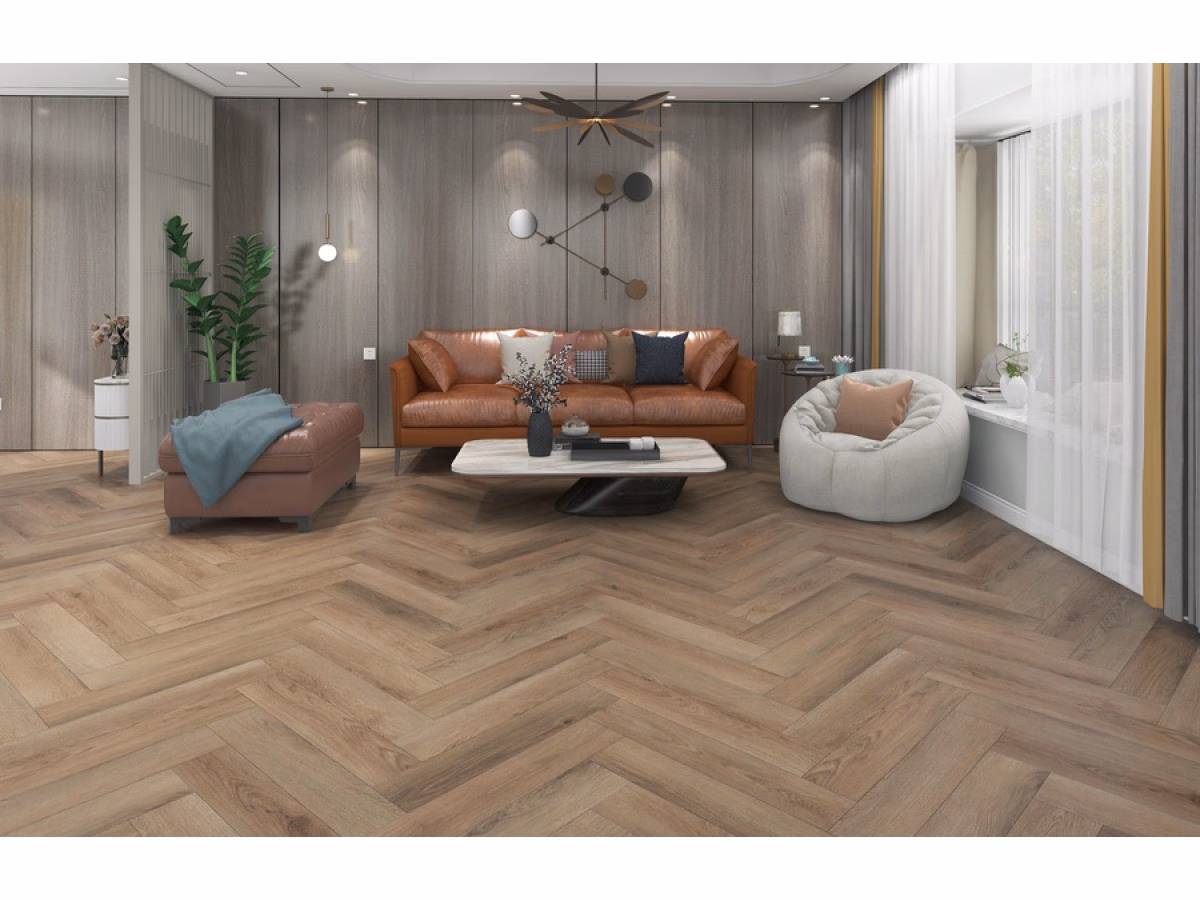 Sierra Visgraat Dry-Back in een woonkamer gelegd