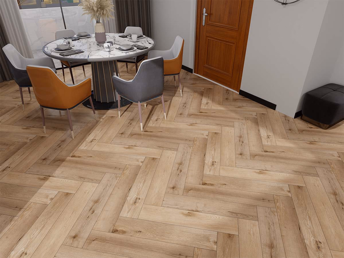 Kaschmir Oak Visgraat Click in een woonkamer gelegd