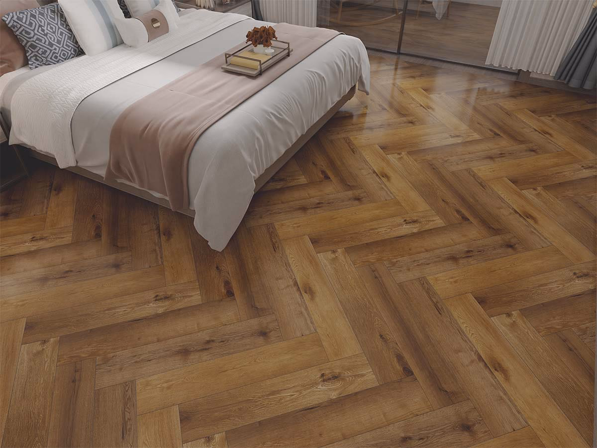 Sugar Visgraat Dry-Back in een woonkamer gelegd