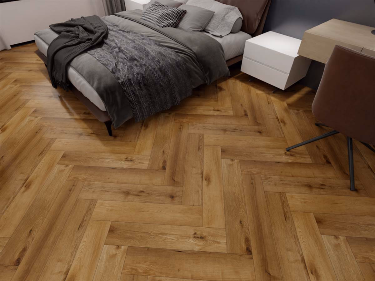 Gold Visgraat Dry-Back in een woonkamer gelegd