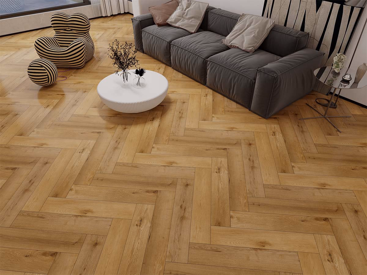 Natural Visgraat Dry-Back in een woonkamer gelegd
