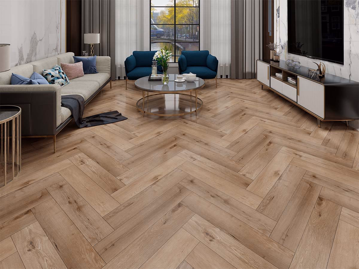Melange Oak Visgraat Click in een woonkamer gelegd