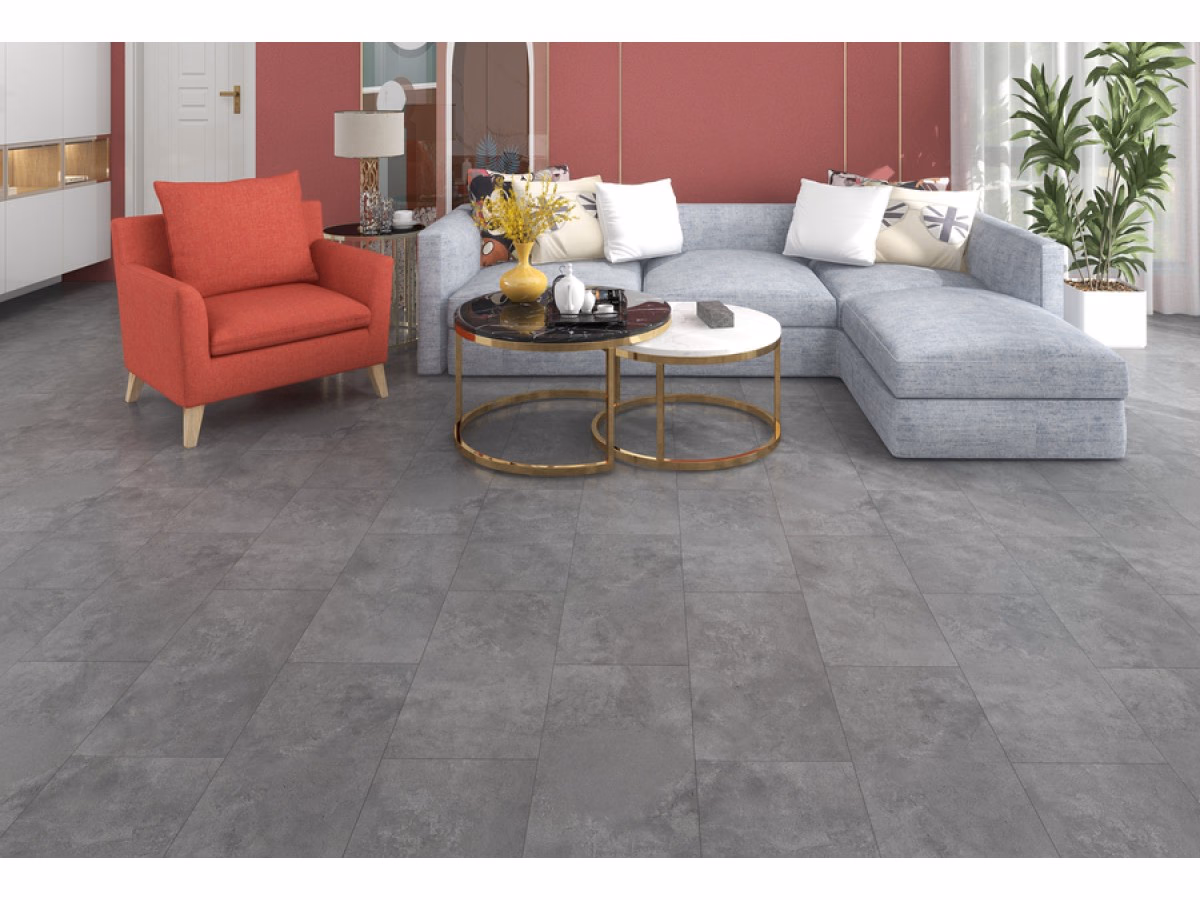 Concrete Grey Tegel Click in een woonkamer gelegd