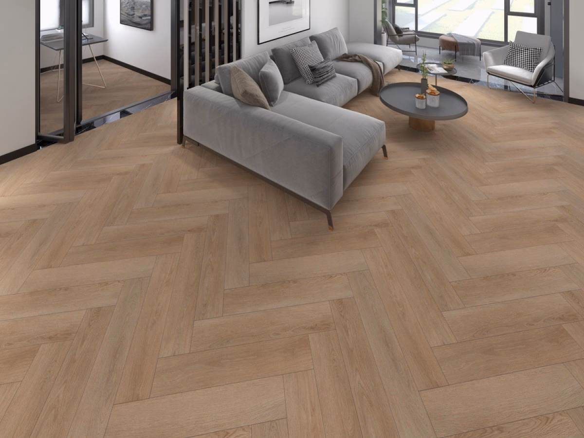 Canyon Oak Visgraat Click in een woonkamer gelegd