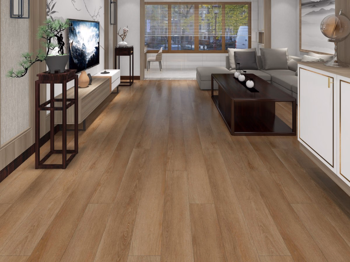 Canyon Oak Plank Click in een woonkamer gelegd