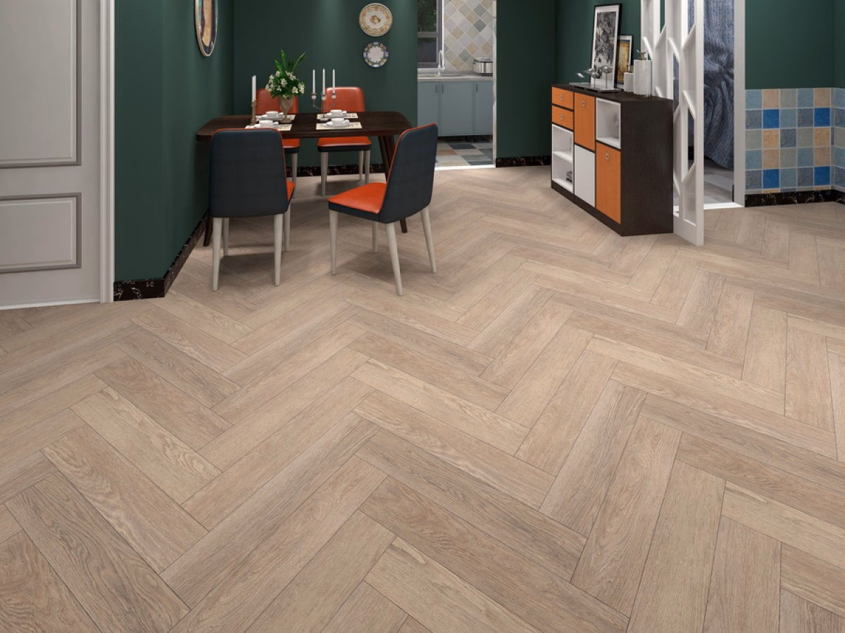 Dominicano Oak Visgraat Click in een woonkamer gelegd
