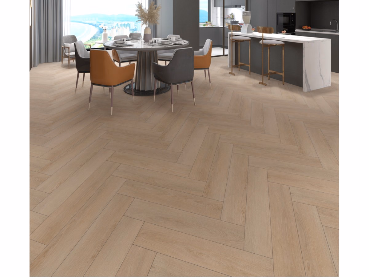 Slate Oak Visgraat Click in een woonkamer gelegd