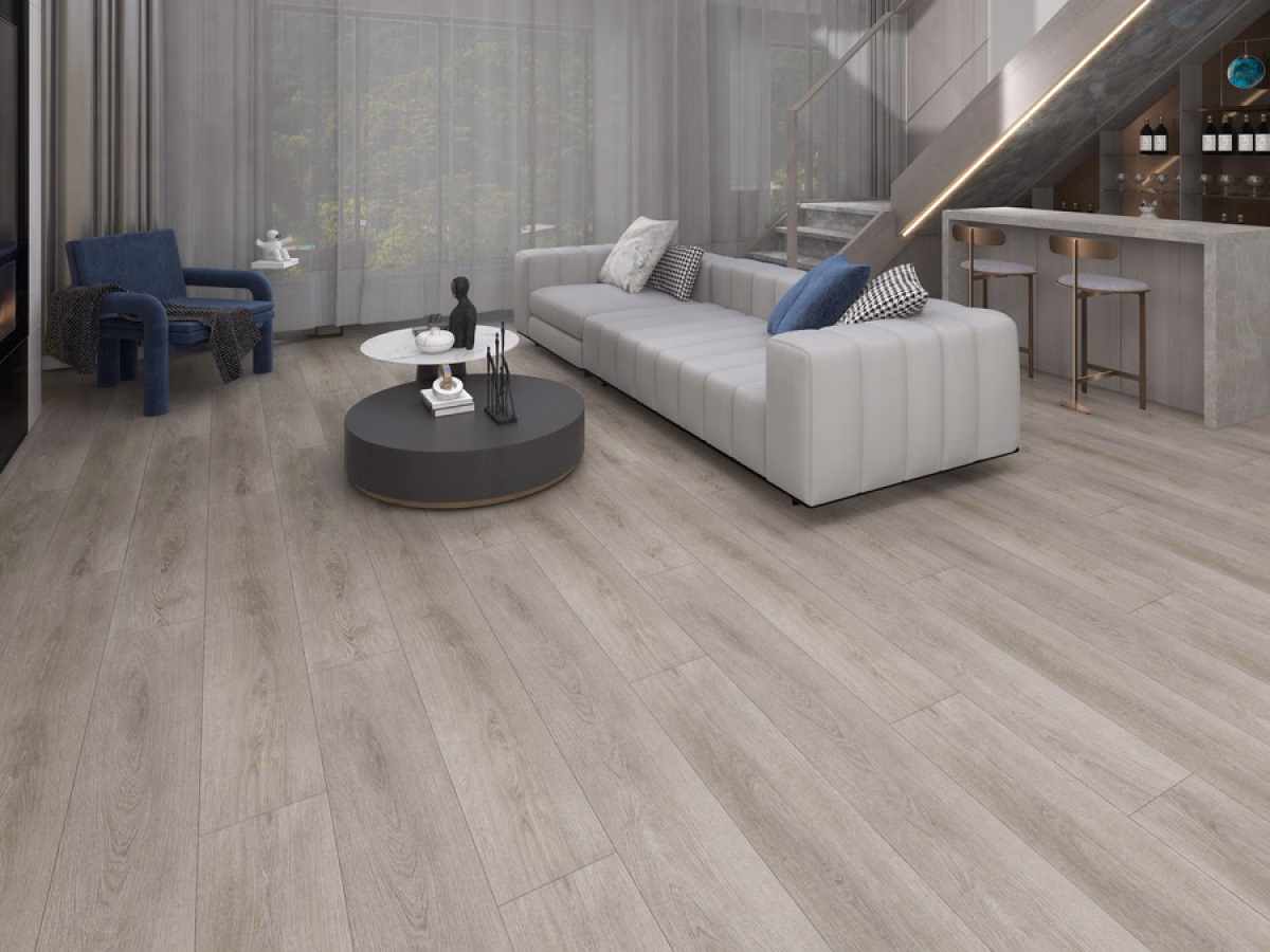 Detail van een PVC plankvloer met voelbare houtnerf