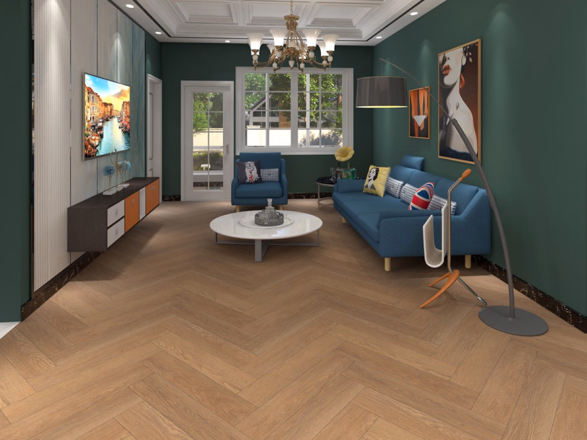 Valley Oak Visgraat Click in een woonkamer gelegd