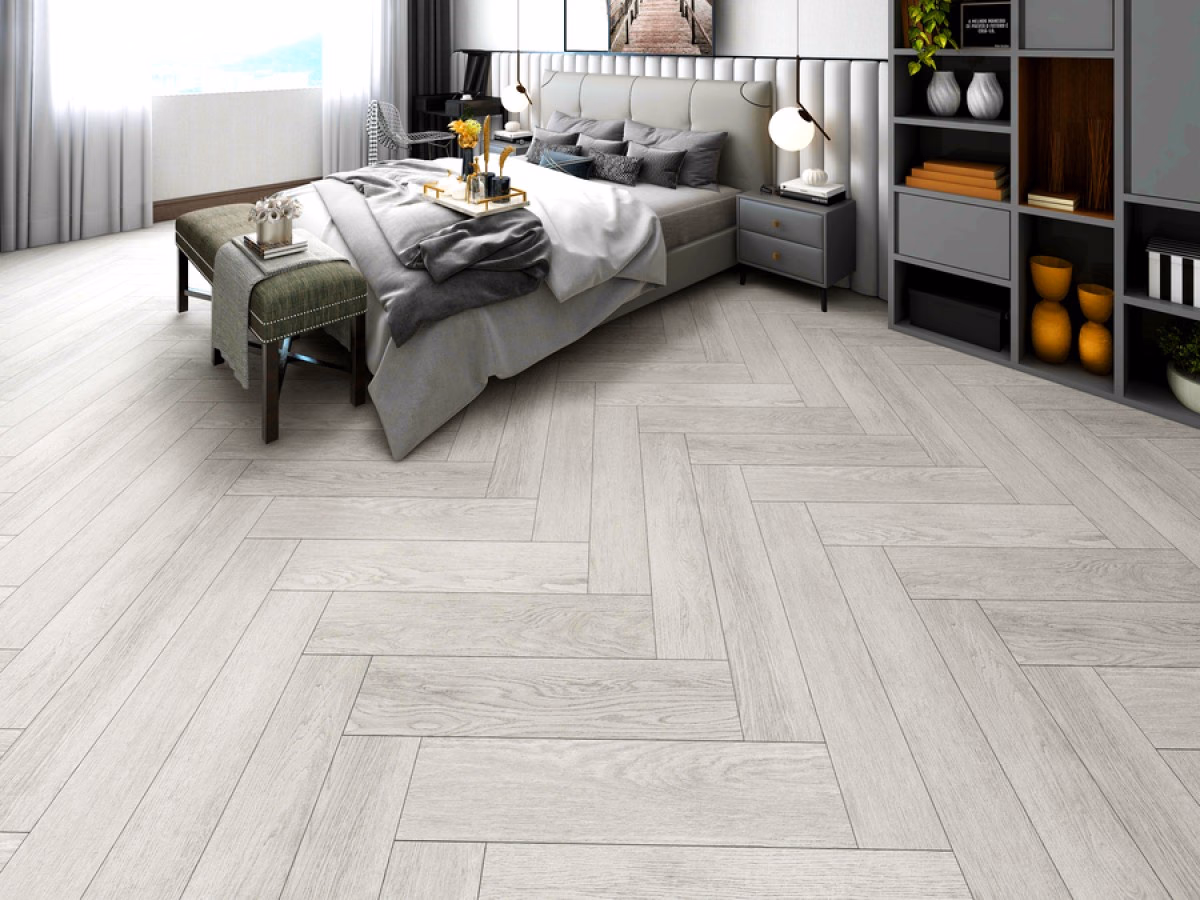 Scraped Oak Visgraat Click in een woonkamer gelegd